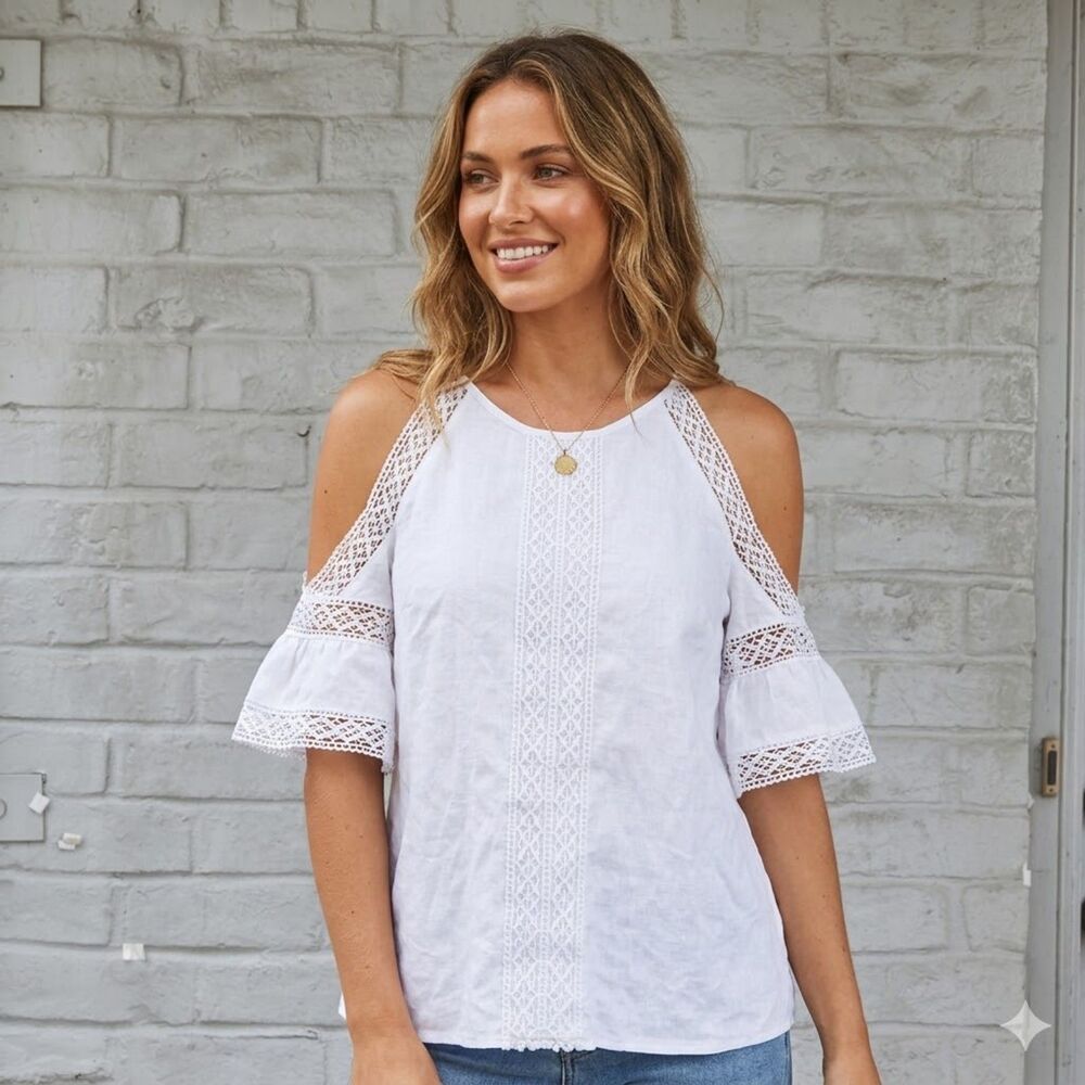 Abercrombie & Fitch White Cotton Lace Cold Shoulder Boho Blouse Top Size S